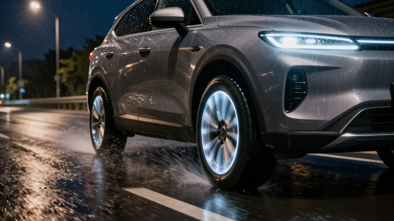 SUV na mokré silnici v noci s viditelnou radiale strukturou pod pneumatikou.