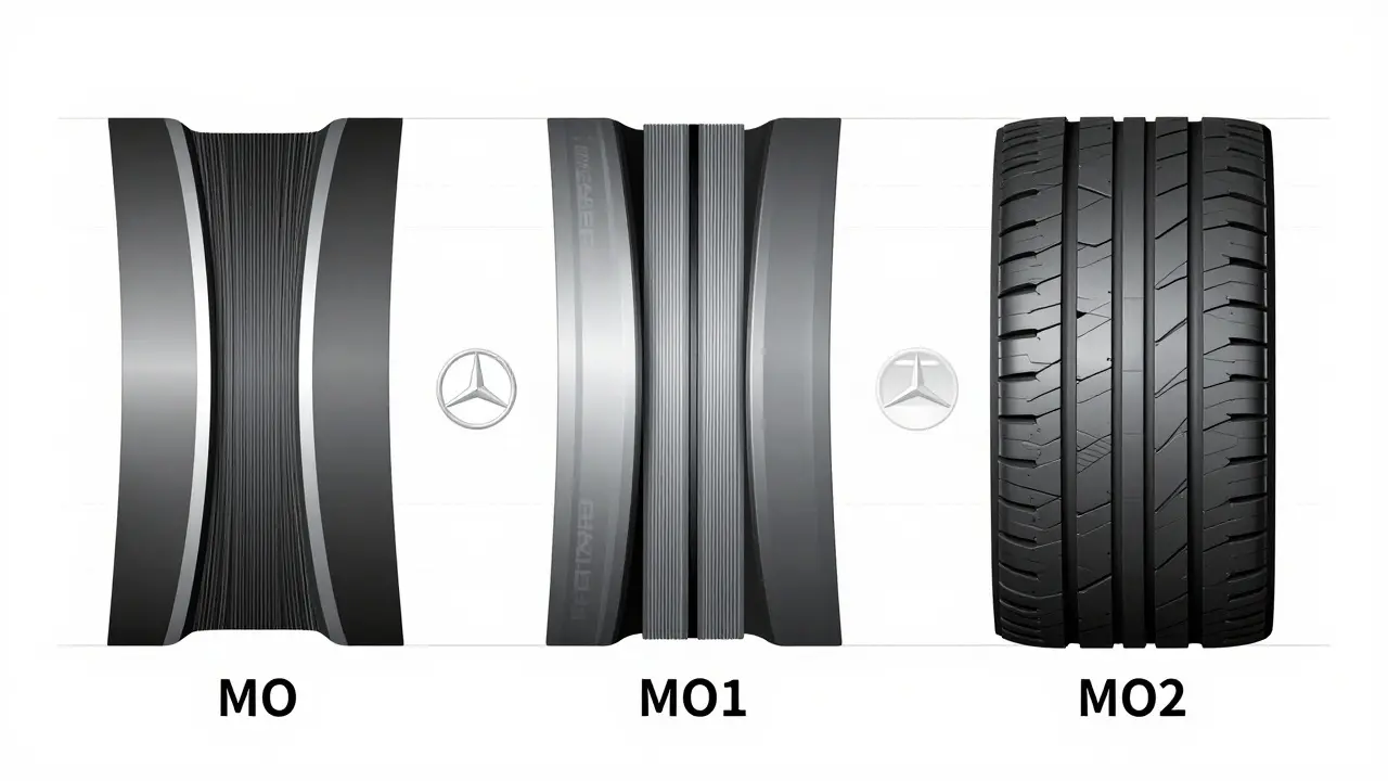 Technický nákres tří typů pneumatik MO, MO1 a MO2 s vyznačenými rozdíly ve struktuře boku a kordu.