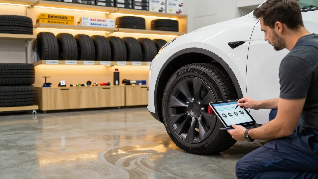 Technik montuje pneumatiky na elektrické auto v českém servisu, zákazník sleduje ceny na tabletu.