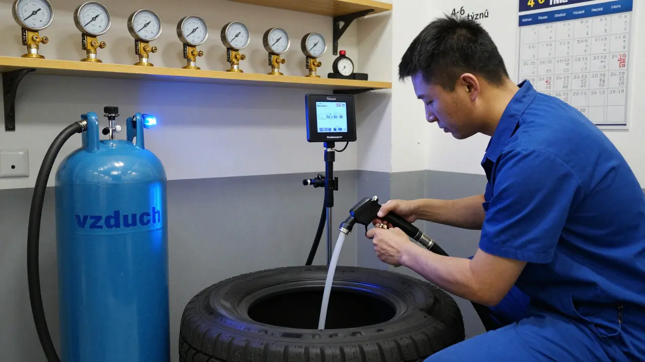 Technik plní pneumatiku dusíkem v dílně s digitálním displejem a nástroji.