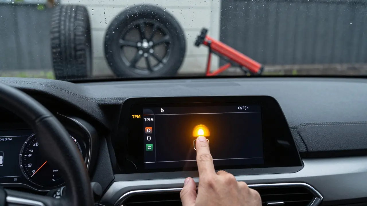 TPMS varování na kresbě automobilového panelu s rukou stiskující tlačítko pro reset.