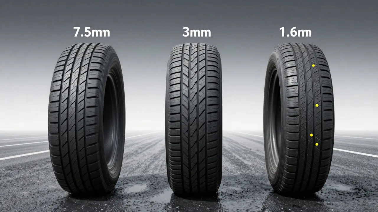 Tři pneumatiky s různou hloubkou běhu: nová, opotřebovaná a minimální