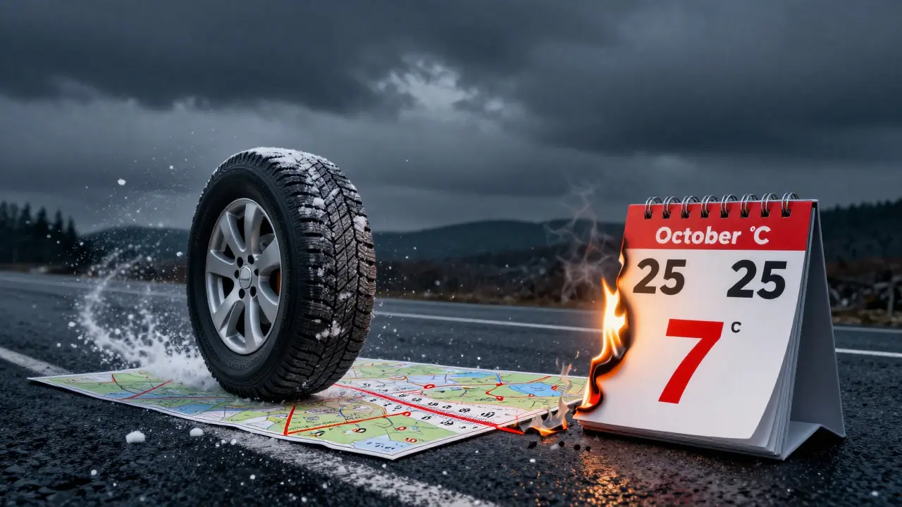 Zimní pneumatika přejezdí mapu Česka, teplota klesá, kalendář se spaluje, zvýrazněná teplota 7 °C jako klíčový bod.