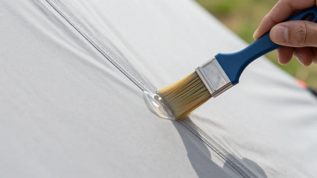 Aplikace transparentní tekutiny na utěsnění švů stanu pomocí štětce.