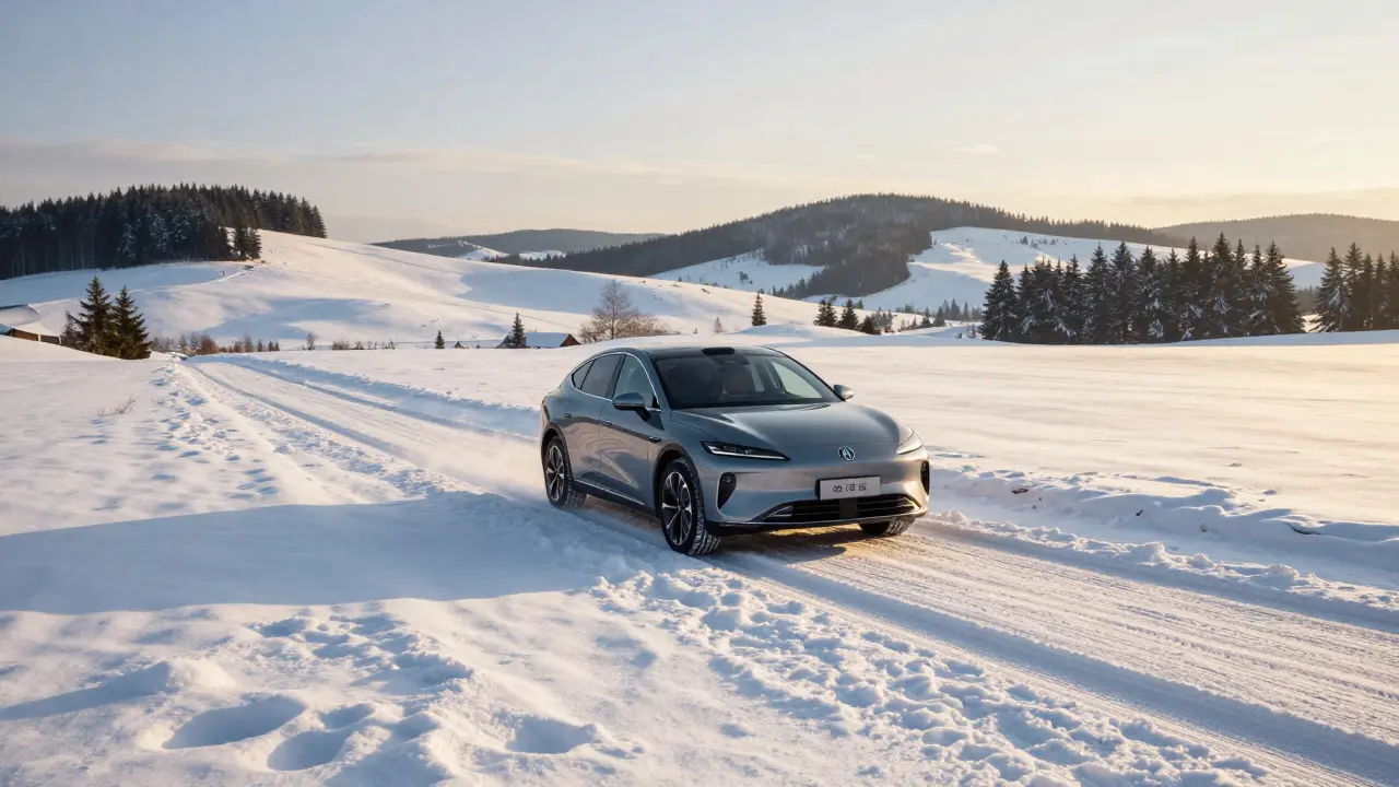 Auto bezpečně jedoucí po zasněžené krajině s hlubokými stopami v sněhu.