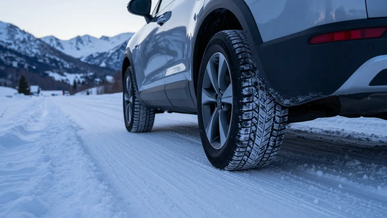 Auto jedoucí v zimní krajině přes zasněžené hory s kvalitními zimními pneumatikami.