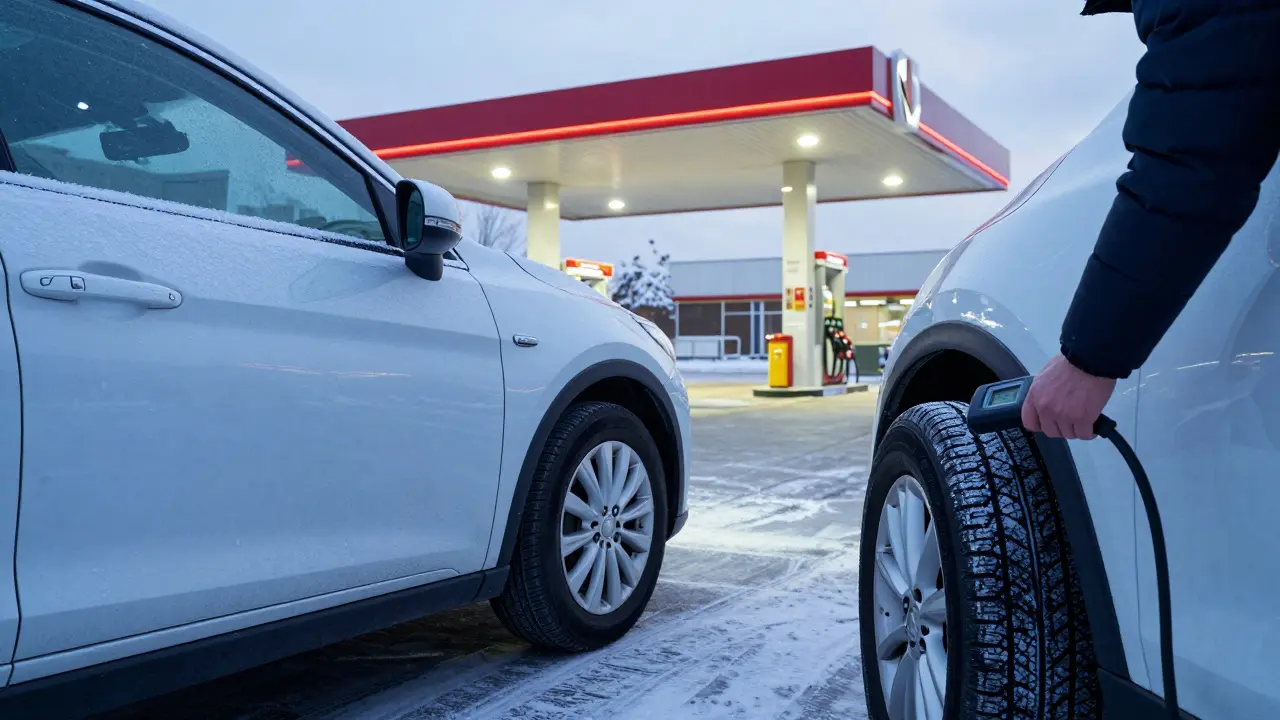 Člověk kontrolující tlak v pneumatikách digitálním měřidlem na čerpací stanici v zimě.