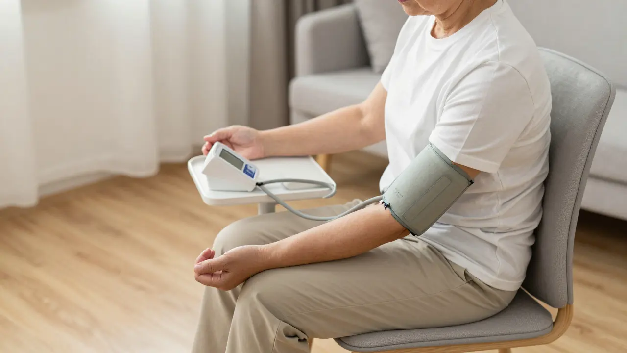 Člověk správně sedící v židli s rukou v úrovni srdce při měření krevního tlaku.