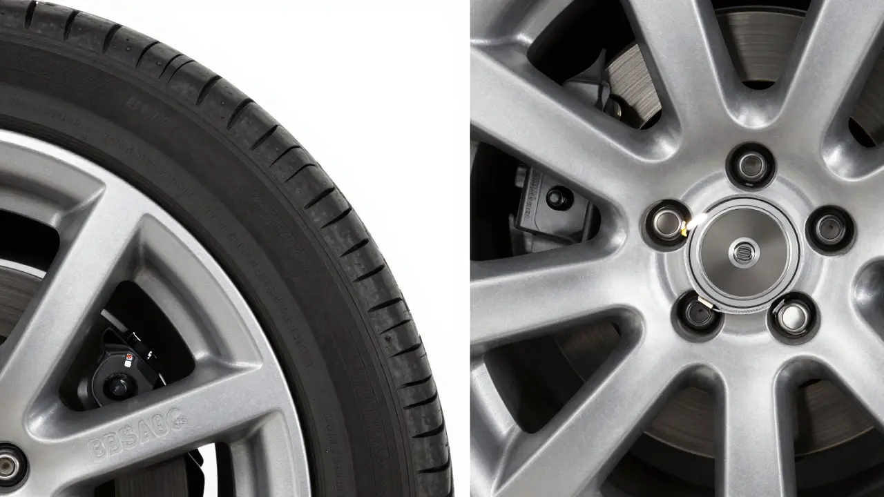 Detail elektronického senzoru TPMS v ventilu a senzoru ABS v náboji kola.