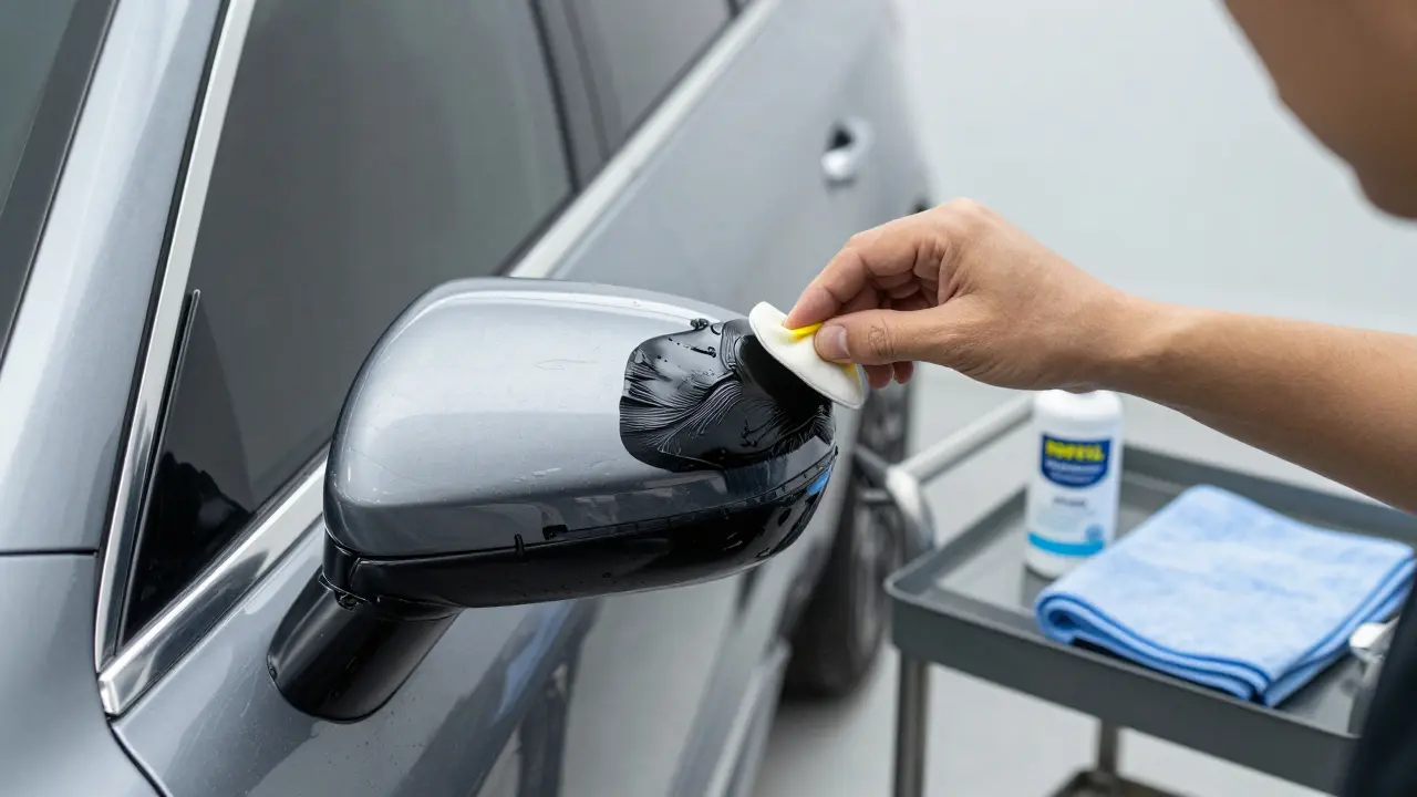 Detail nanášení renovačního gelu na šedý plastové zrcátko auta.
