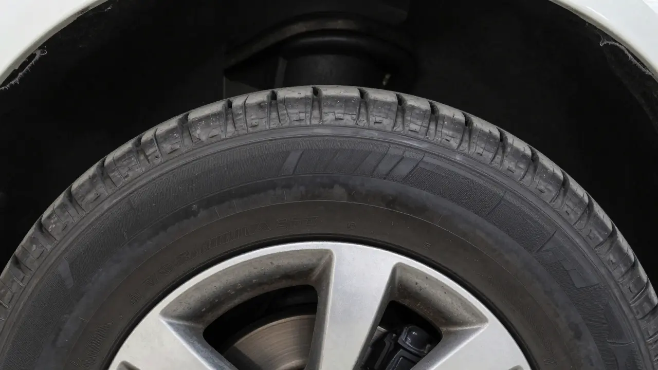 Detail nerovnoměrného opotřebení pneumatiky s sjetou vnitřní hranou v garáži.