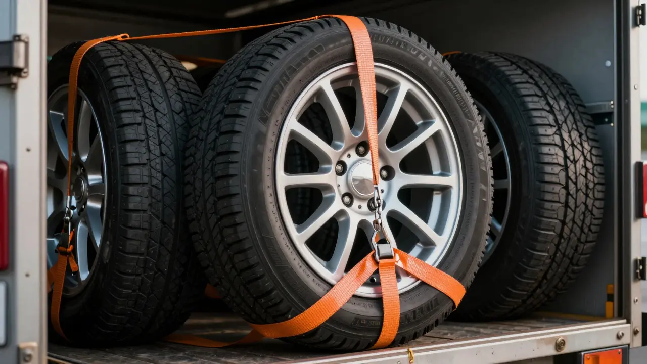 Detail nízkoprofilových pneumatik s litkovými disky upevněných popasy v přívěsu.