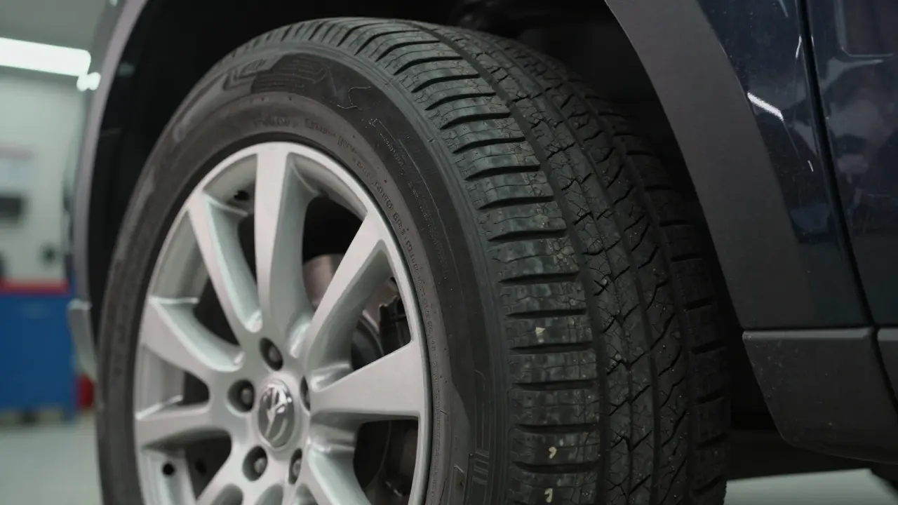 Detail opotřebované bočnice nízkoprofilové pneumatiky s prasklinami.