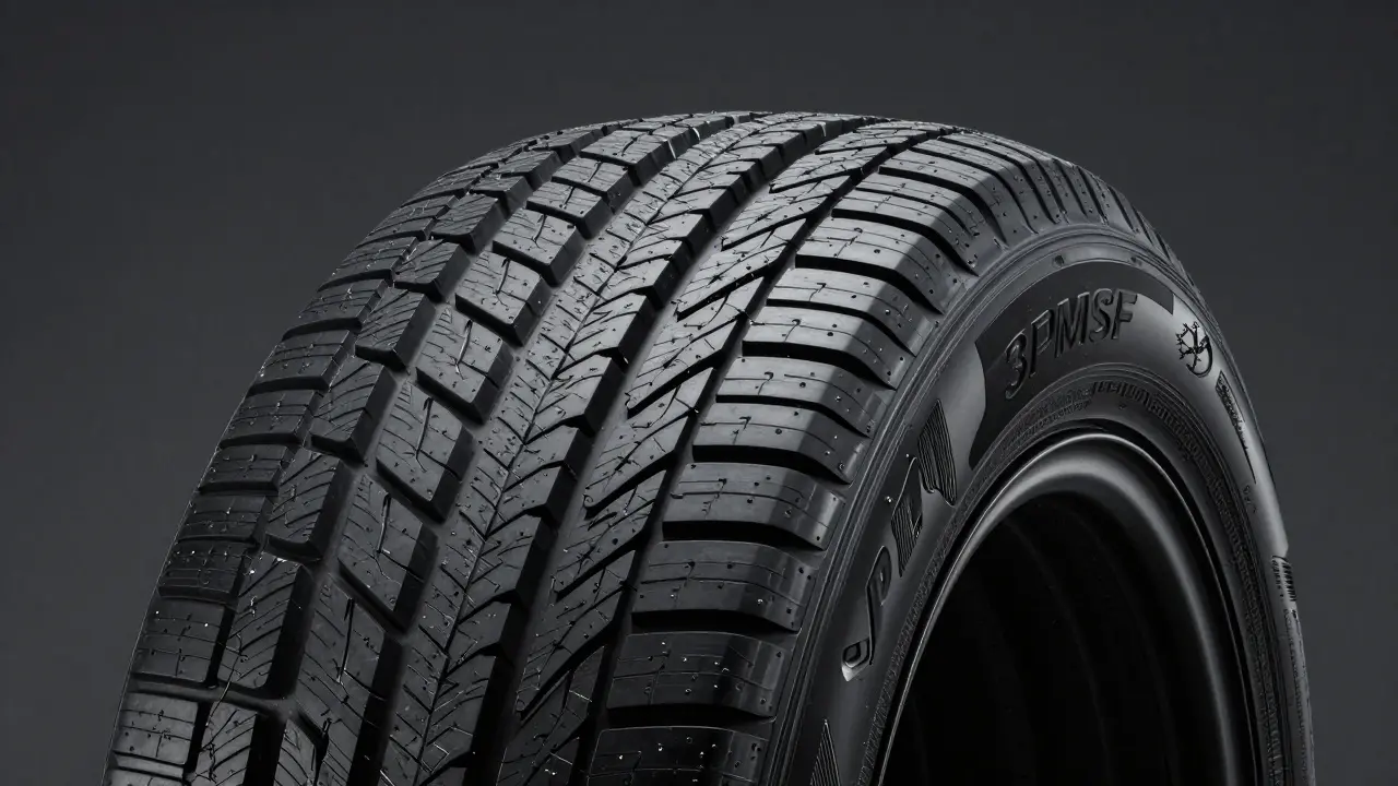 Detail pneumatiky s vyznačeným symbolem trojhory a sněžinky 3PMSF.