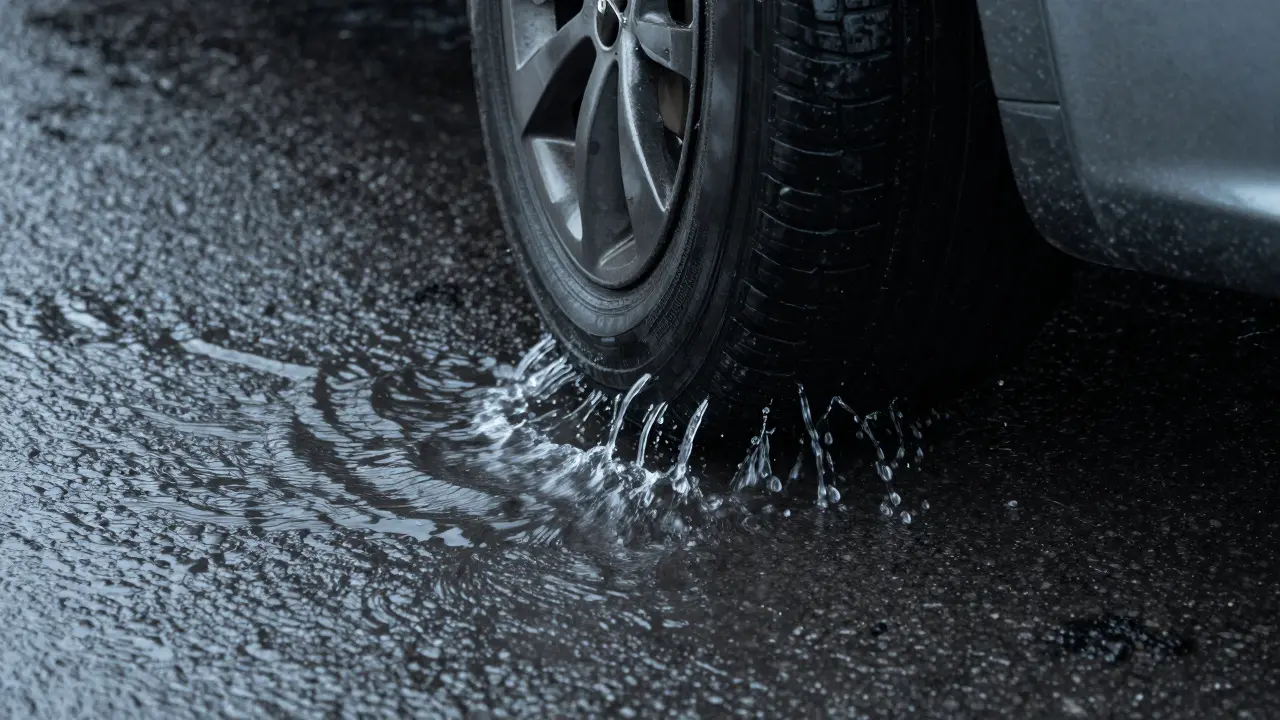 Detail pneumatiky v momentě aquaplaningu, kdy se guma odtrhuje od mokrého asfaltu.