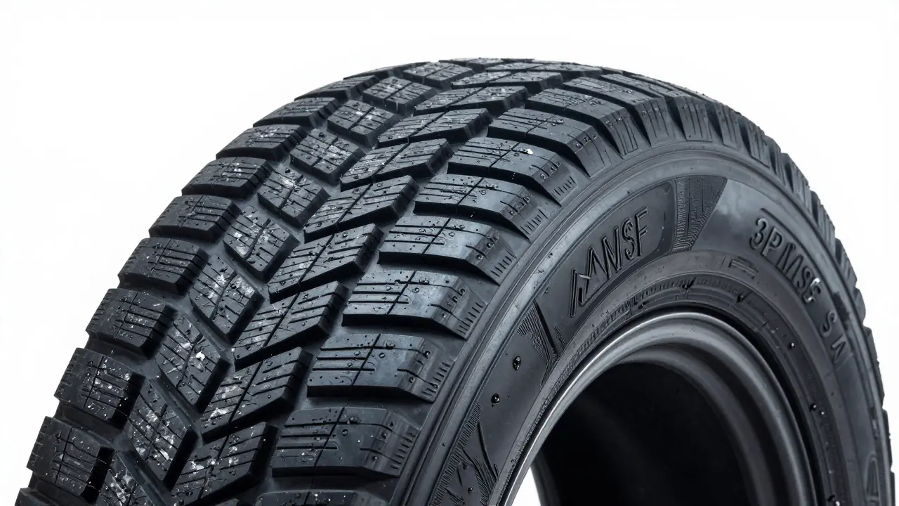 Detail zimní pneumatiky se symbolem tři vrcholky hory a sněhové vločkou.