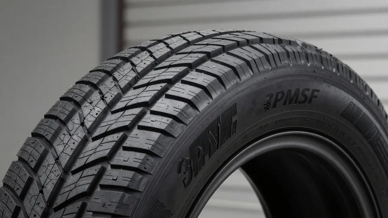 Detailní pohled na symbol 3PMSF na bočnici celoroční pneumatiky potvrzující zimní certifikaci.