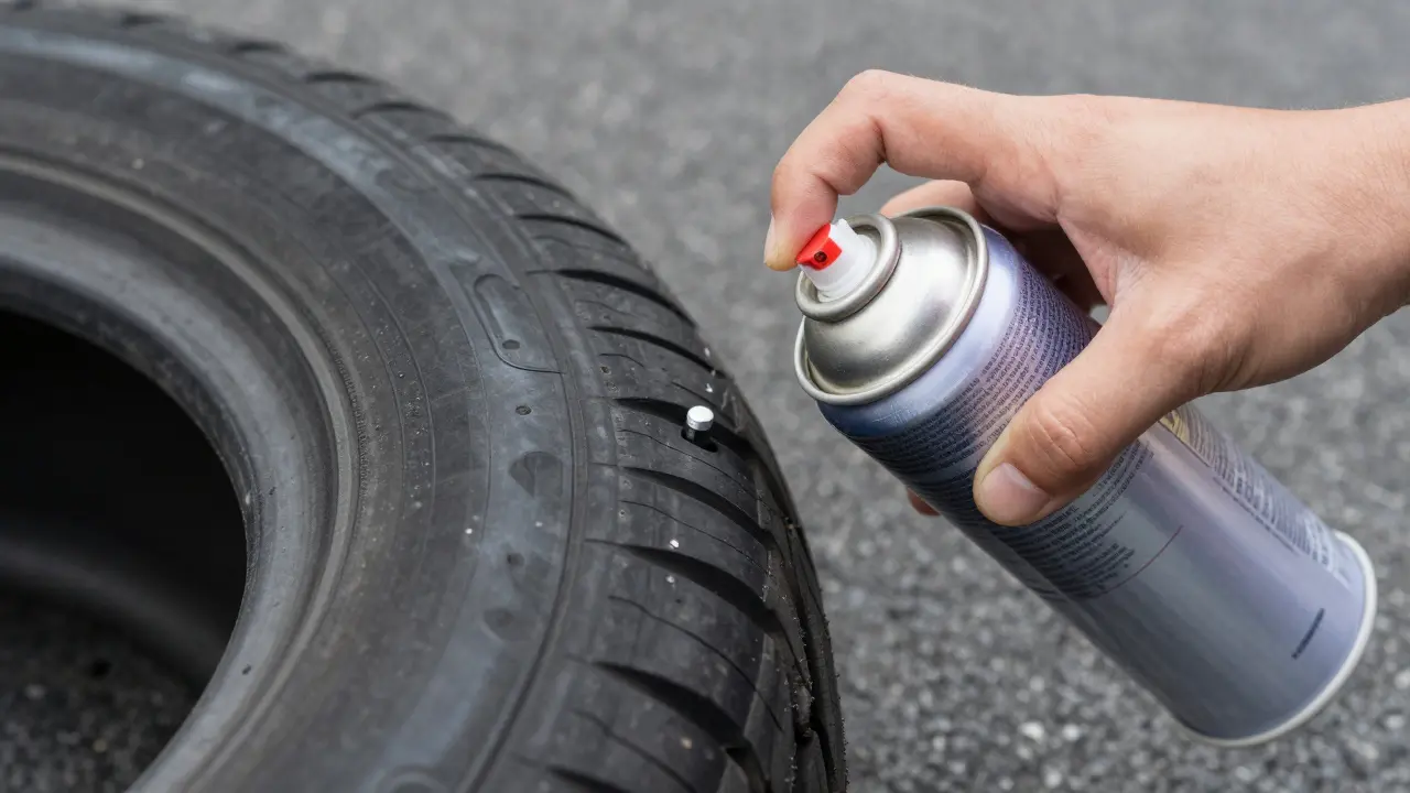 Detailní záběr na aplikaci tmečovacího spreje do ventilku pneumatiky.