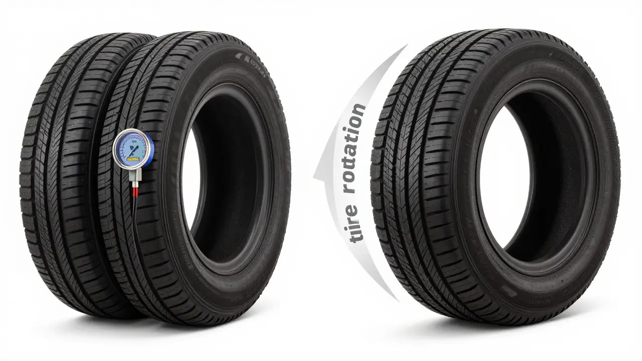 Digitální tlakoměr a pneumatiky s indikací rotace kol pro delší životnost.