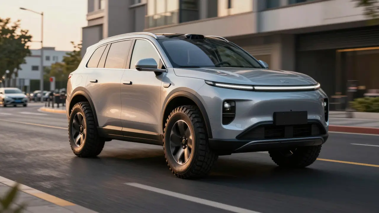 Elektromobil typu SUV v pohybu s nízkoprofilovými zesílenými pneumatikami.