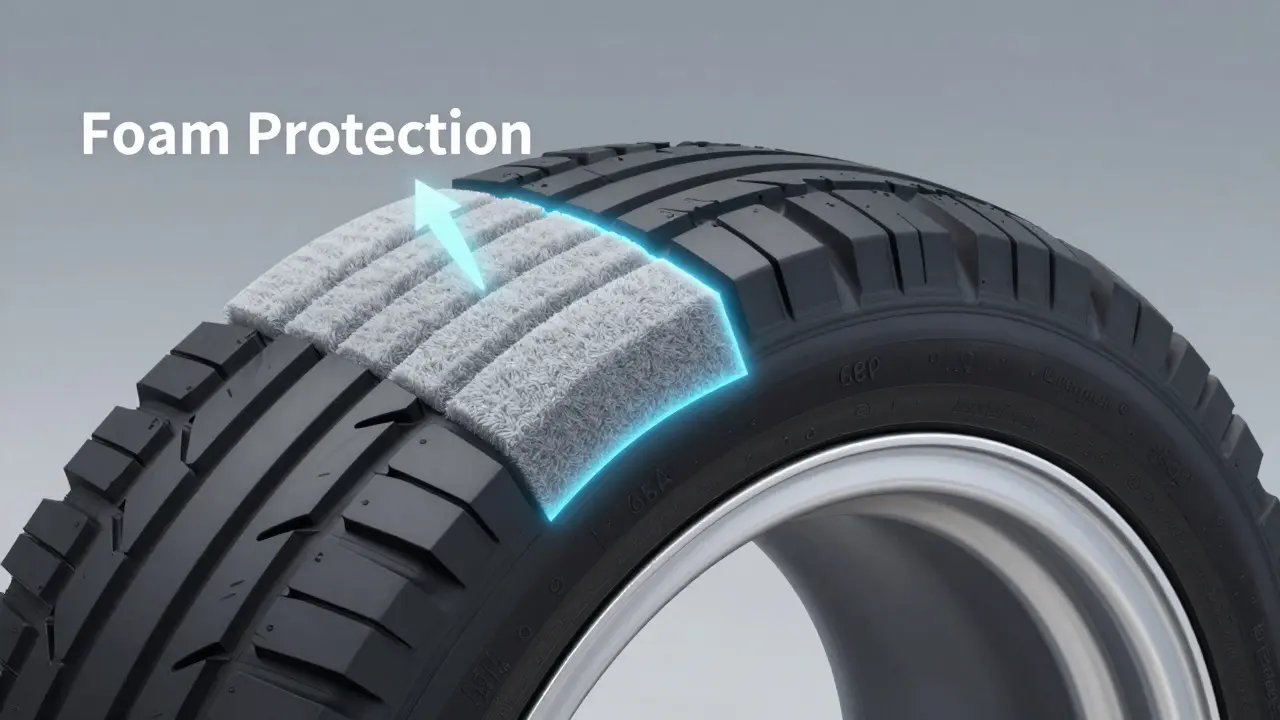 Knižní řez pneumatiky znázornující vrstvu ochranné pěny Foam Protection.