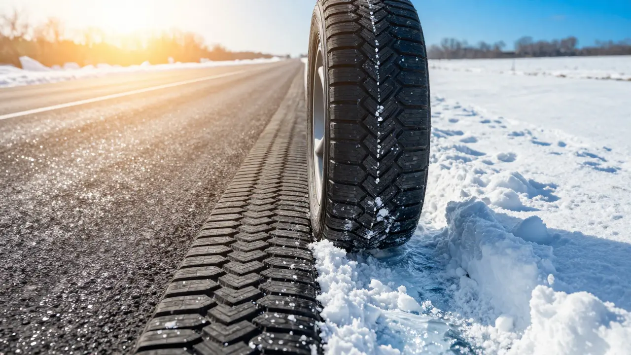 Kola auta v rozděleném obraze na horkém asfaltu a v zimním sněhu.