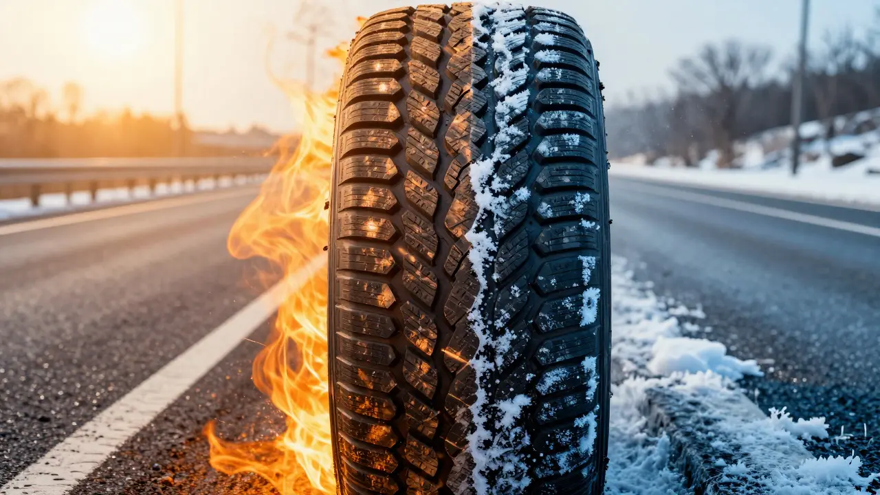 Koncepční obrázek znázornující univerzality celoročních pneumatik v horkém létě a zimě.