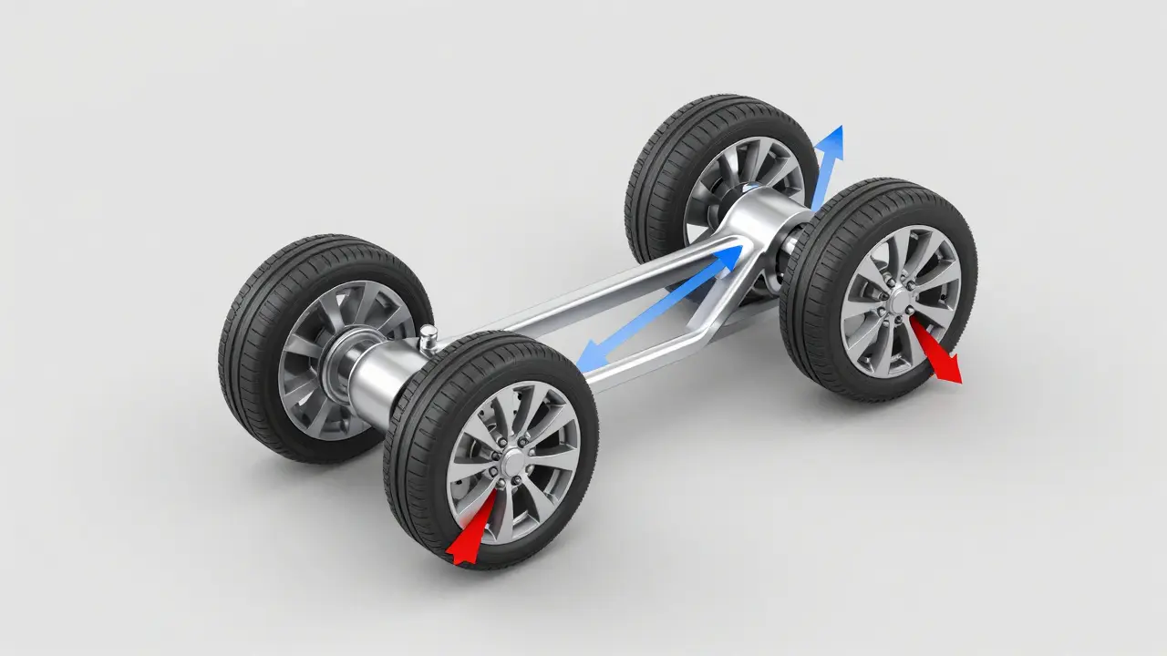 Koncepční schéma geometrie kol s indikací úhlů konvergence a divergence.