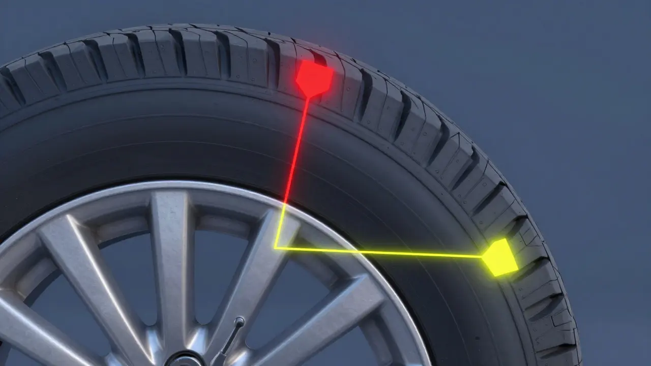 Konceptuální schéma sladování červené a žluté tečky pneu s ráfkem.