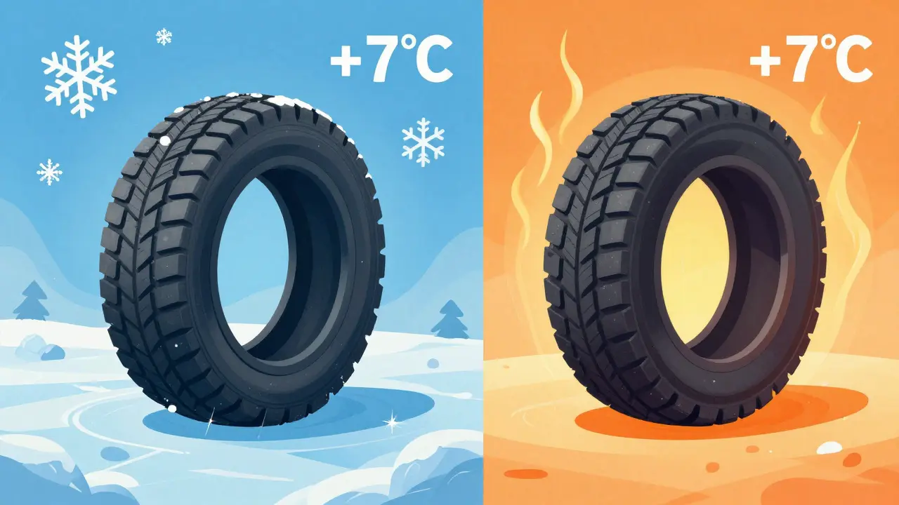 Konceptuální srovnání flexibility zimní a letní gumy při různých teplotách.