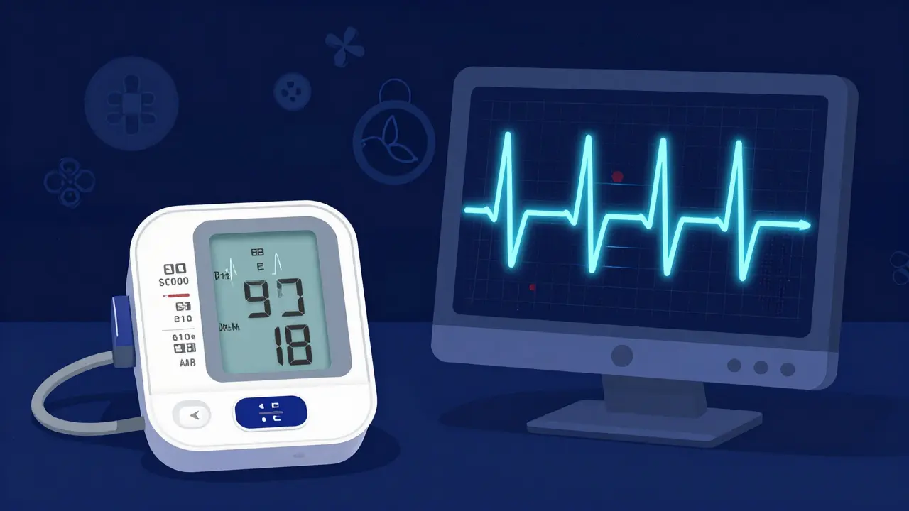 Konceptuální srovnání jednoduchého symbolu arytmie na tlakoměru a detailního záznamu EKG.