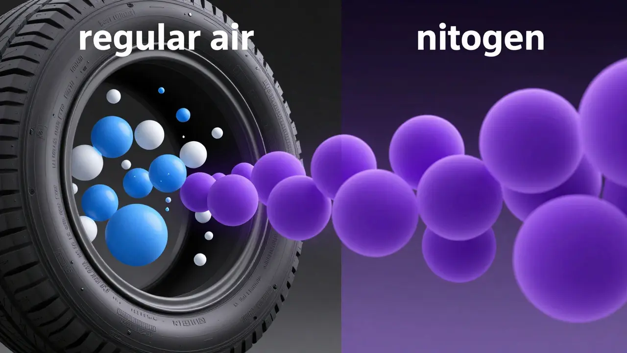 Konceptuální srovnání molekul obyčejného vzduchu a stabilního dusíku v pneumatice.