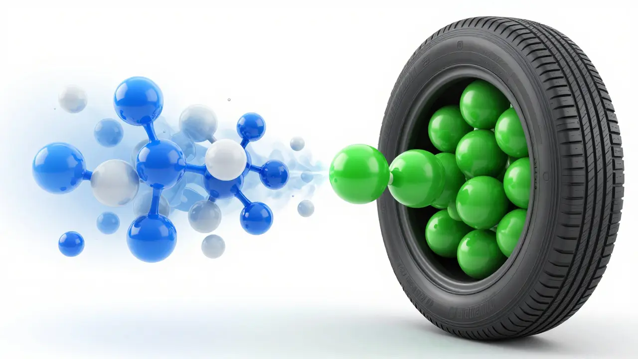 Konceptuální znázornění rozdílu mezi molekulami běžného vzduchu a dusíku uvnitř pneumatiky.