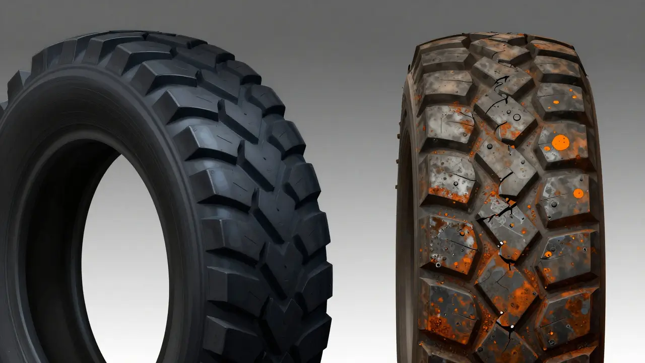 Konceptuální znázornení rozdílu mezi pružnou novou a zoxidovanou starou gumou.