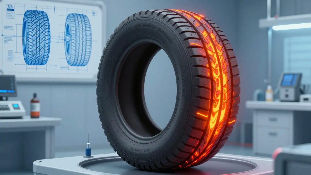 Konceptuální znázornení testování odolnosti a bezpečnosti pneumatik v laboratoři.