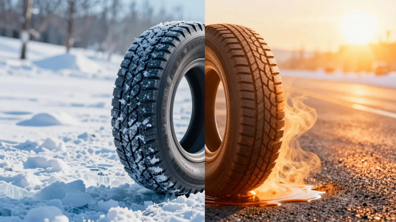 Kontrast mezi zimní pneumatikou v mrazu a na horkém asfaltu.