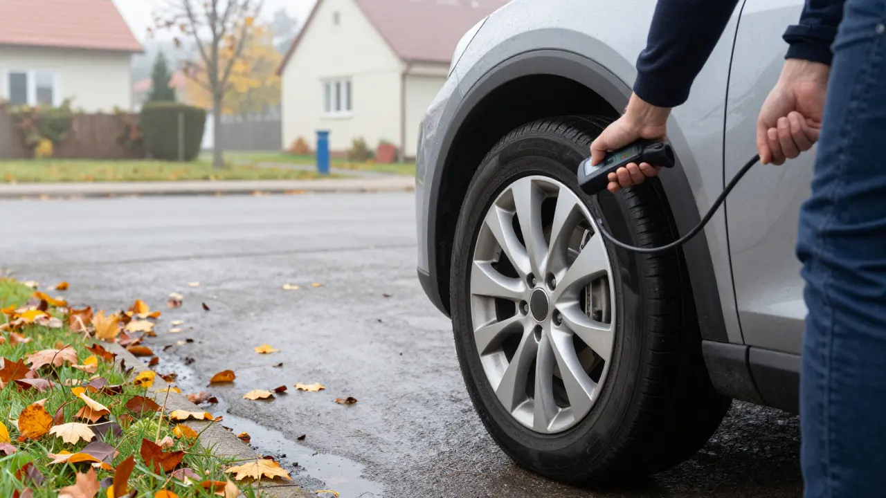 Kontrola tlaku v pneumatikách u auta na dvoře během podzimního rána.