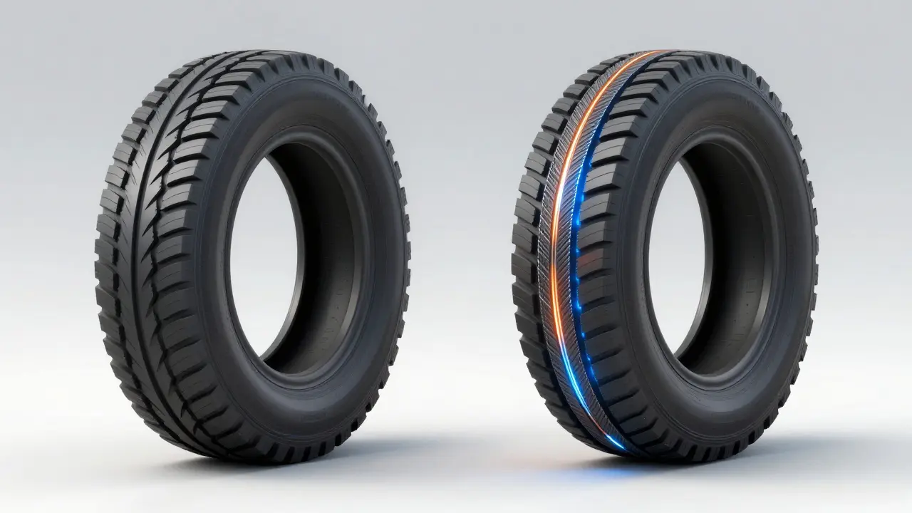 Kresba v řezu srovnávající vnitřní strukturu standardní a zesílené pneumatiky XL.