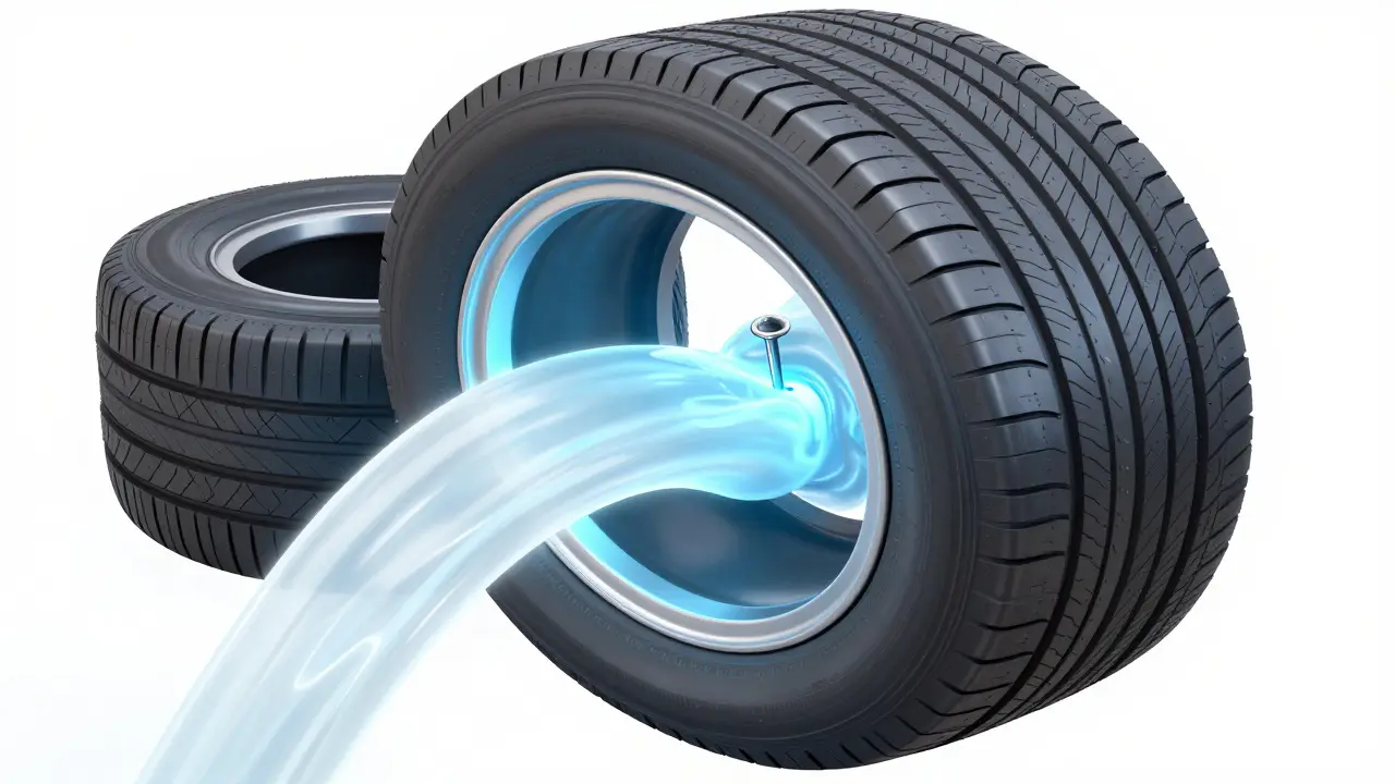 Kresba v řezu znázornující, jak tmečovací hmota zatyká propich v pneumatice.