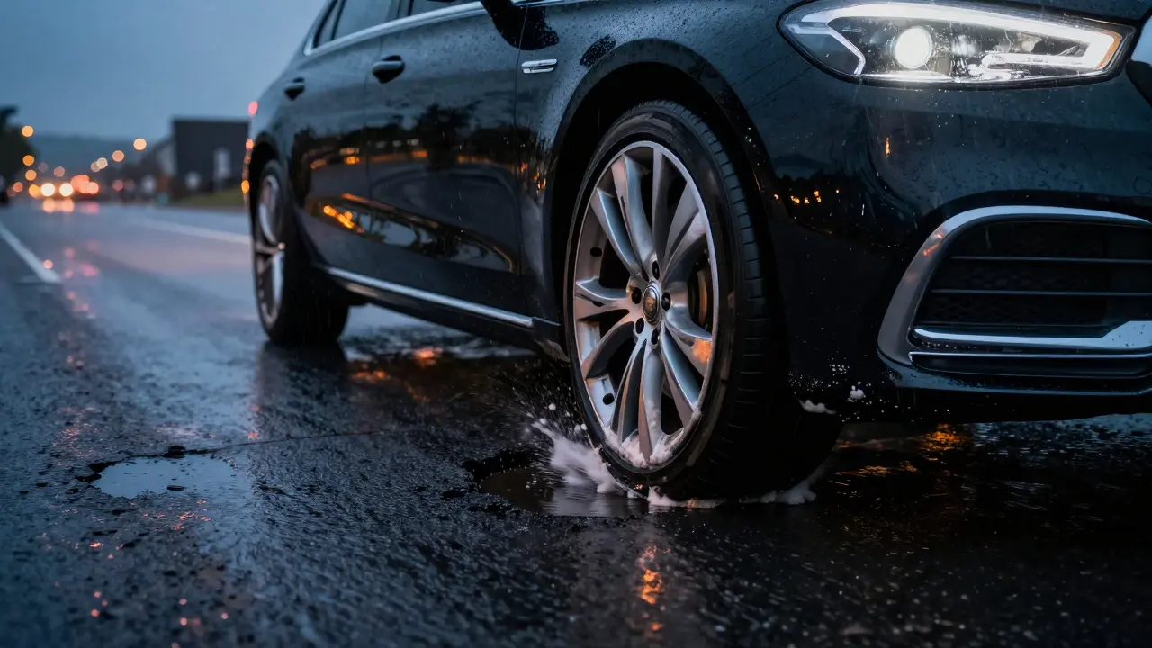 Luxusní auto projíždějící jamkou v silnici, kde technologie FP chrání ráfek.