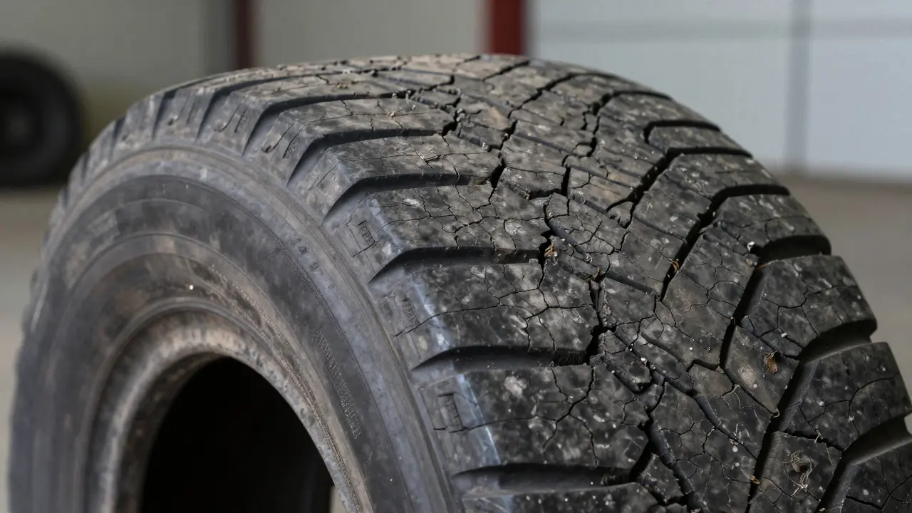 Makro detail staré pneumatiky s viditelnými prasklinami a opotřebovaným vzorkem.