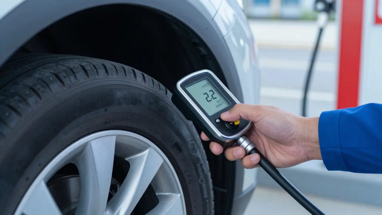 Měření tlaku v pneumatice pomocí digitálního manometru za studena.