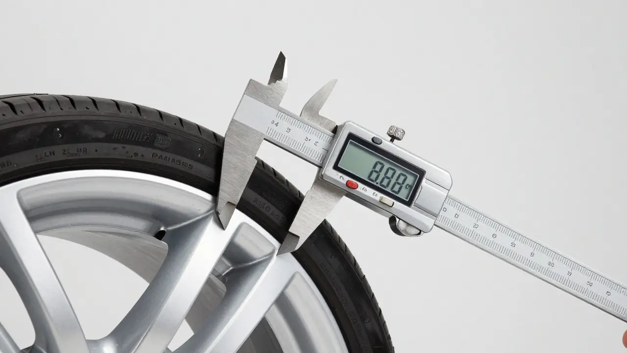 Měření vnitřní šířky automobilového ráfku pomocí digitálního posunováku.