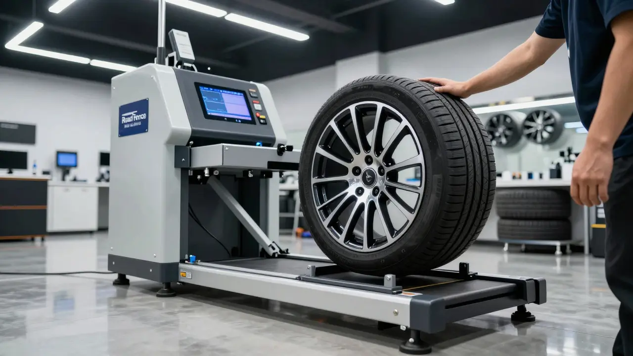 Moderní stroj na vyvážení kol Road Force v profesionálním servisu