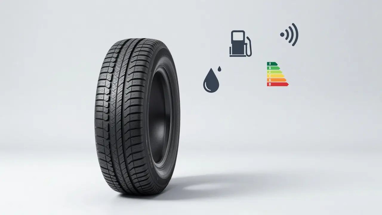 Nová pneumatika s vizuálními symboly pro úsporu paliva, hlučnost a přilnavost.