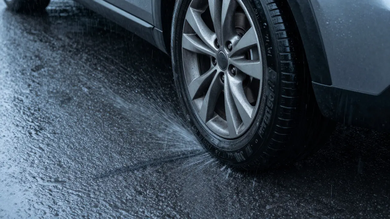 Pneumatika brzdící na mokré vozovce, znázornující důležitost přilnavosti.