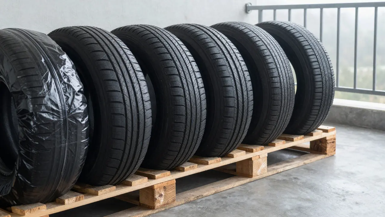 Pneumatiky bez ráfků uložené v pytlích na dřevěné paletě.