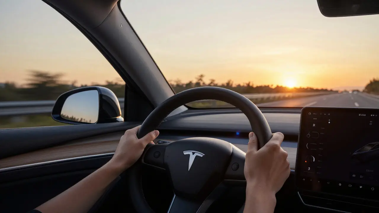  Pohled z řidiče na stabilní volant při plynulé jízdě po dálnici.