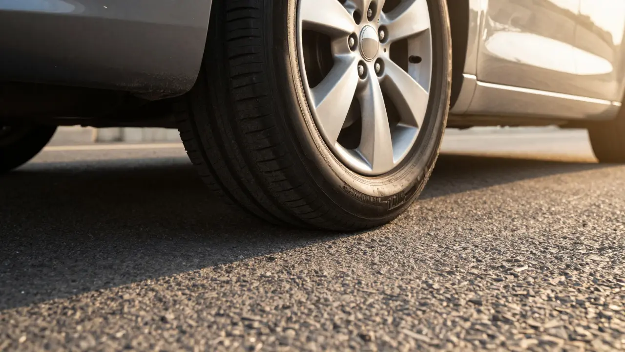 Pohled znízky na správně namontovanou pneumatiku na ráfku 6J na vozovce.