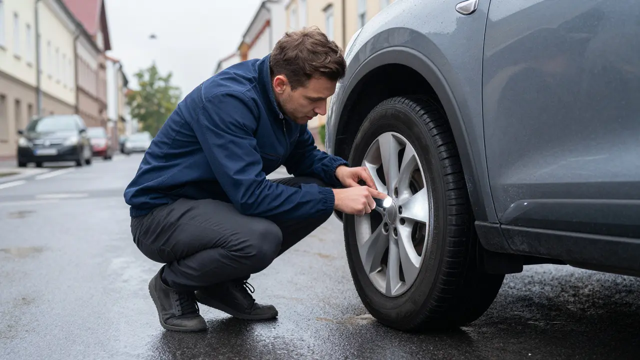 Řidič kontrolující homologační značku E a datum výroby na pneumatice svého auta.